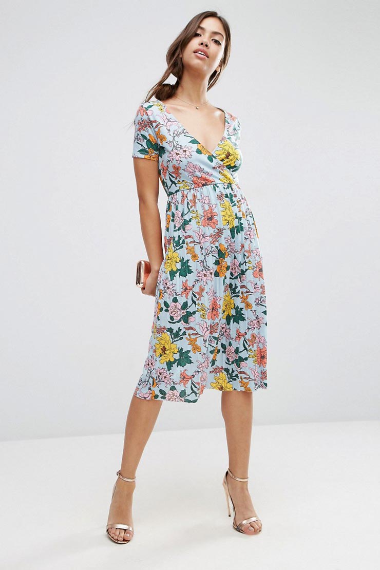 Midi Dress with Pleats in Floral Print